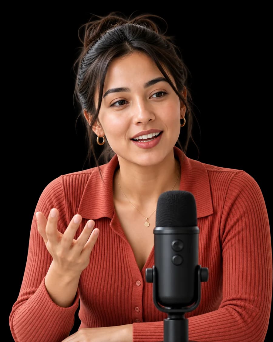 A creator smiling and speaking at a desk microphone