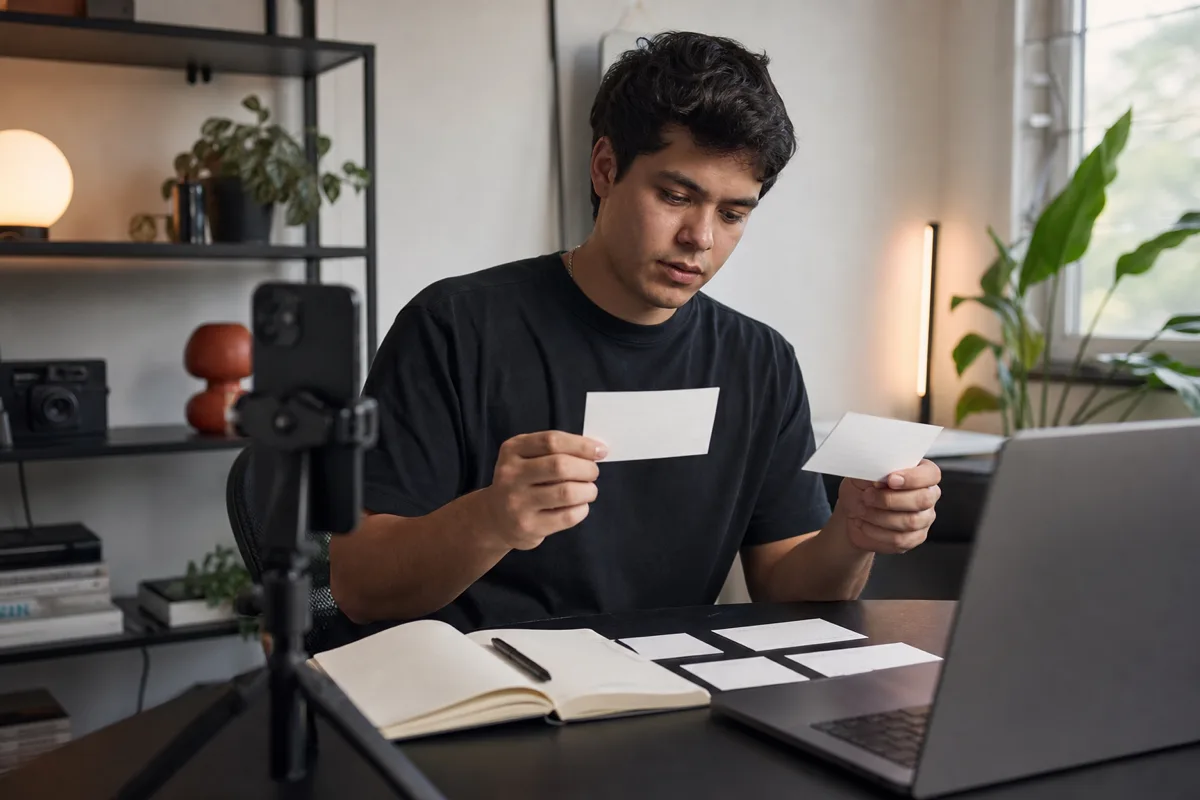A creator comparing handwritten hook cards at a desk