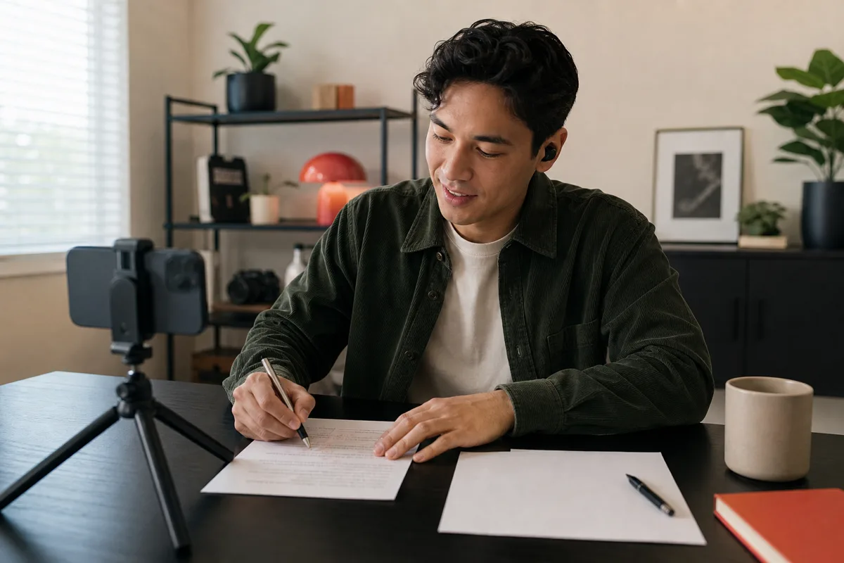 A creator marking up a printed script beside a phone on a tripod