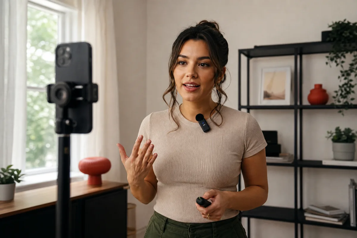 A creator standing and speaking to a phone camera with a lavalier microphone