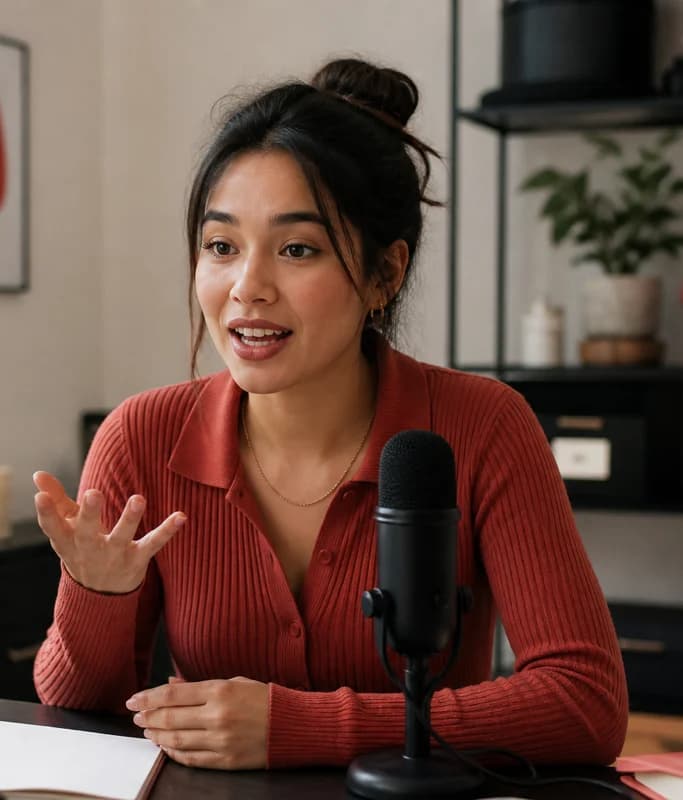 A creator speaking to a phone on a tripod at a desk with a microphone