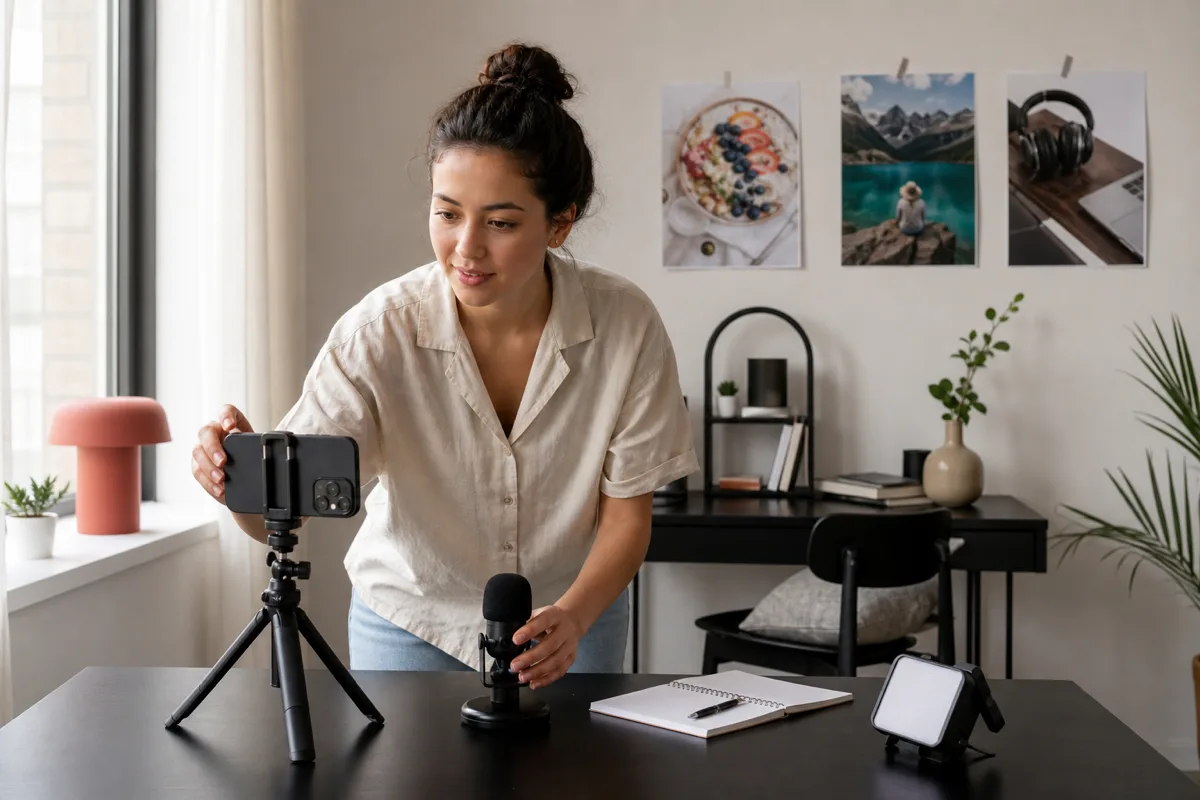 A creator adjusting a phone on a small tripod next to a desk microphone