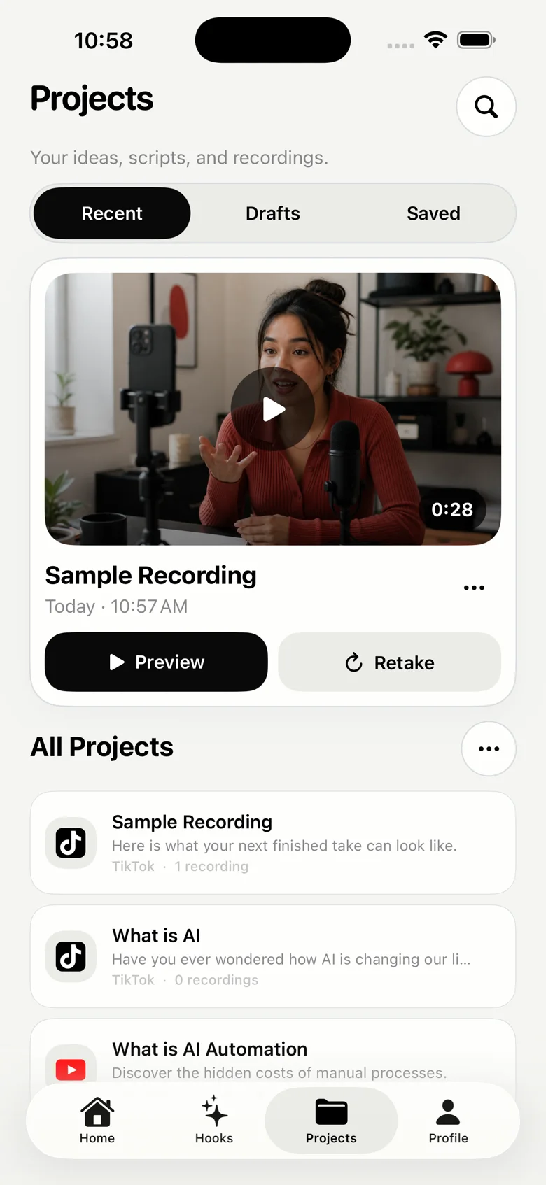 Projects screen with the latest recording and Preview and Retake actions