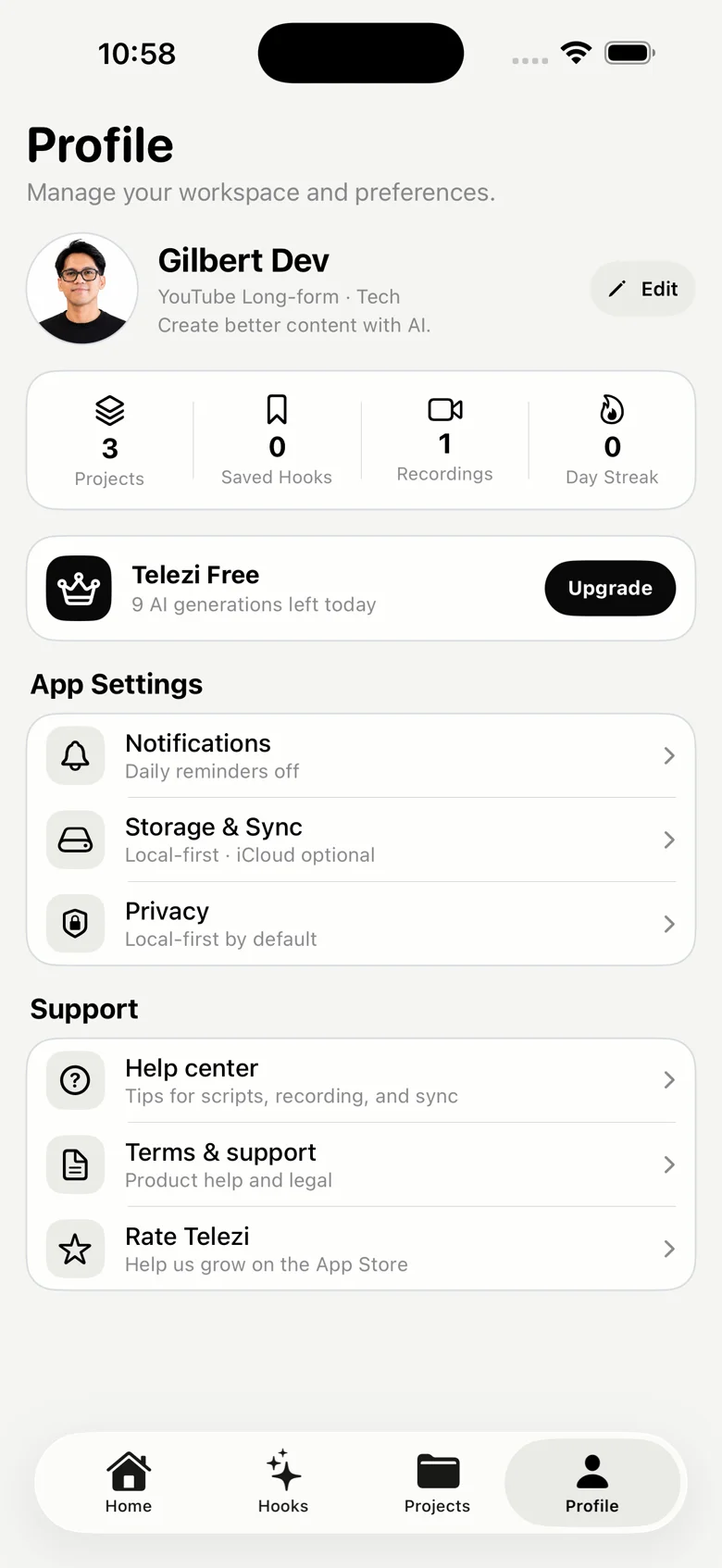 Profile screen showing Storage and Sync set to local-first with iCloud optional, and Privacy set to local-first by default