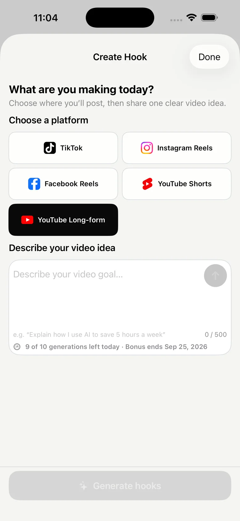 Create Hook screen with platform choices and a field to describe your video goal