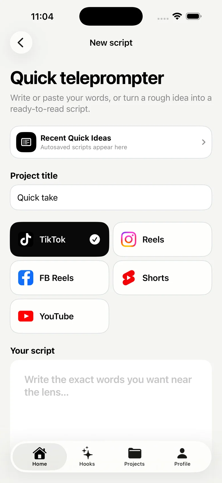 Quick teleprompter editor with project title, platform and script field