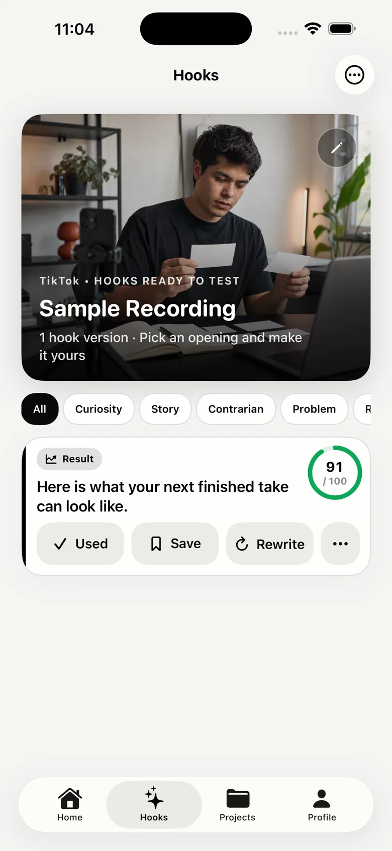 A sample project with one hook scored 91