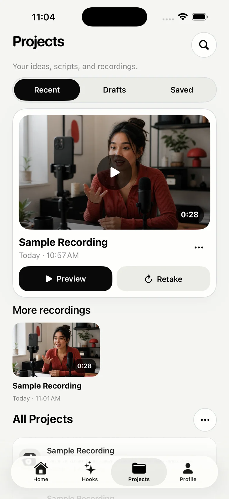 Projects screen showing more recordings
