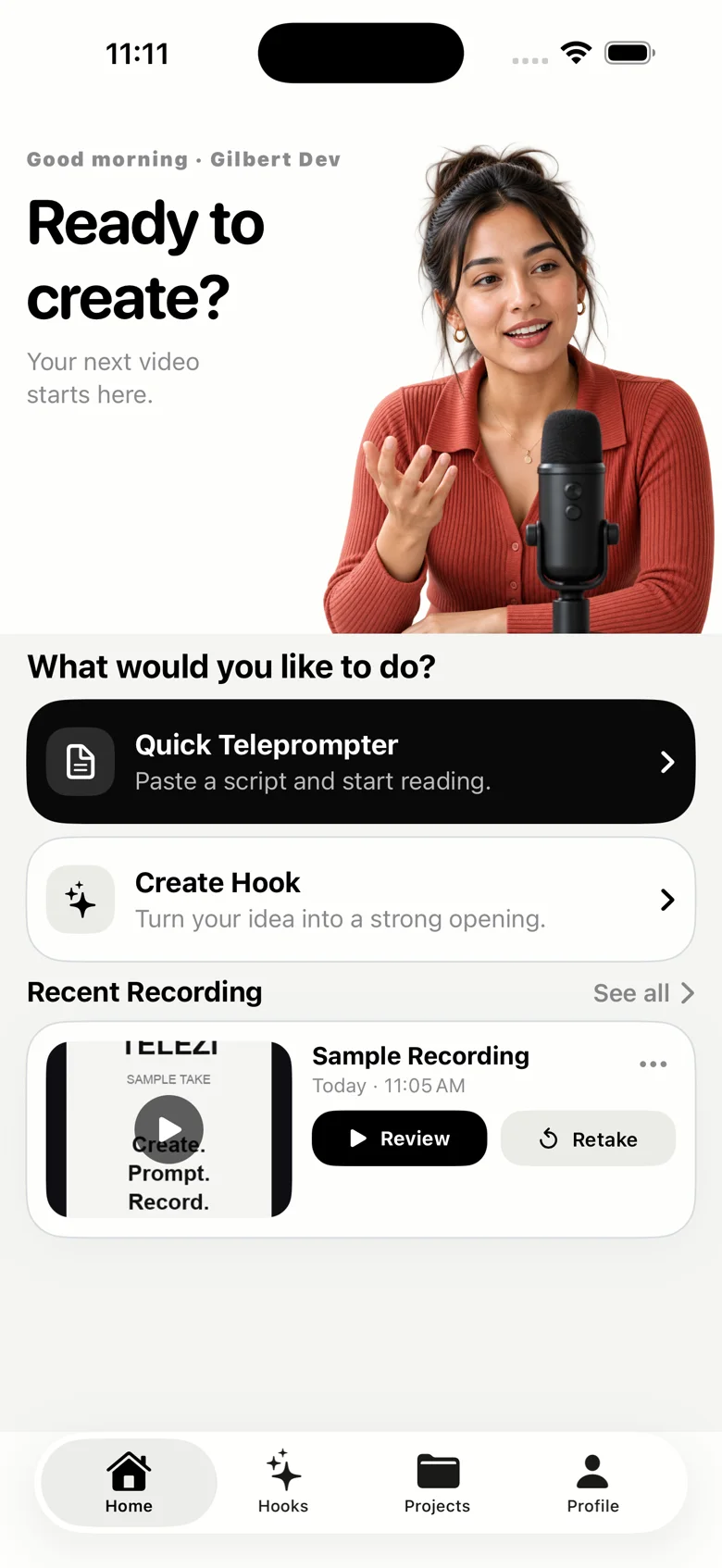 Home screen greeting the creator with Quick Teleprompter and Create Hook actions