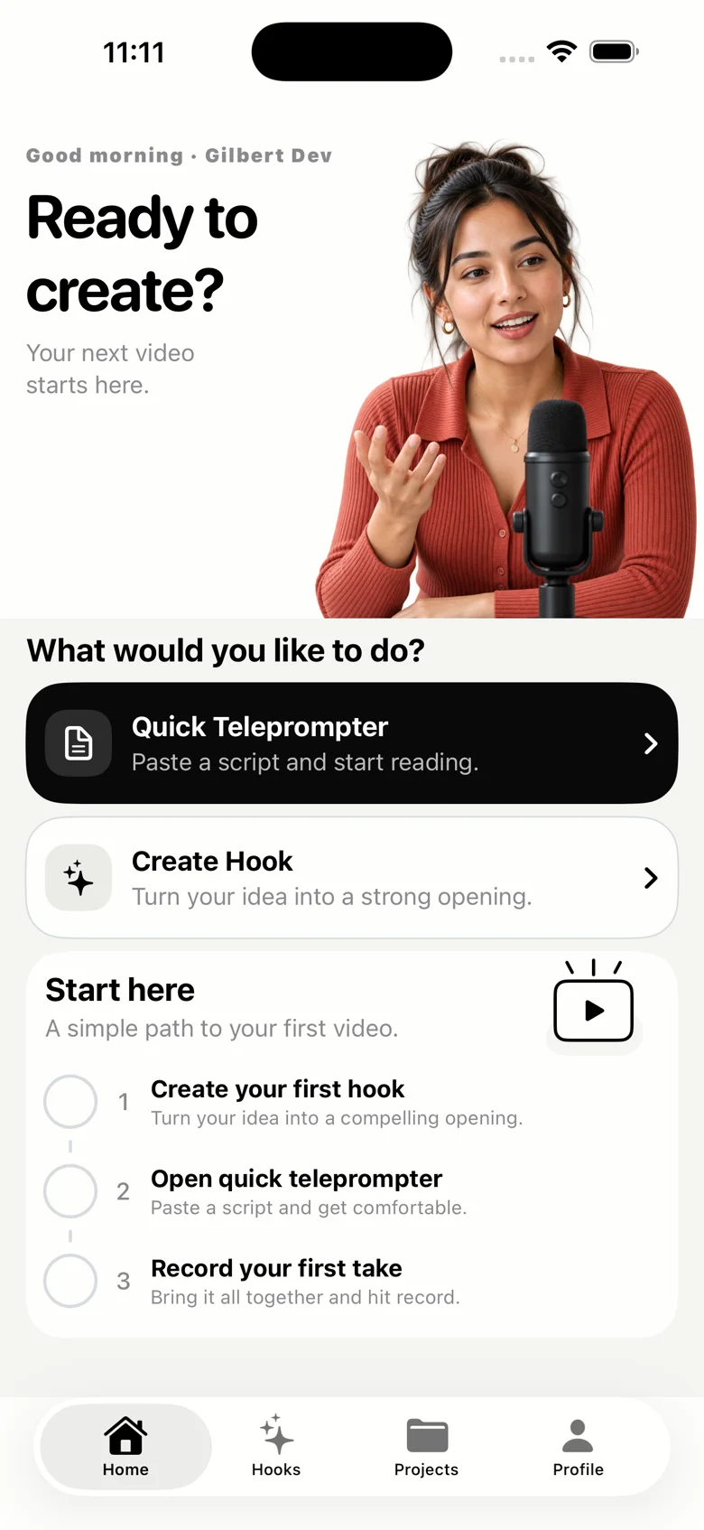 Home screen with a three step start here checklist