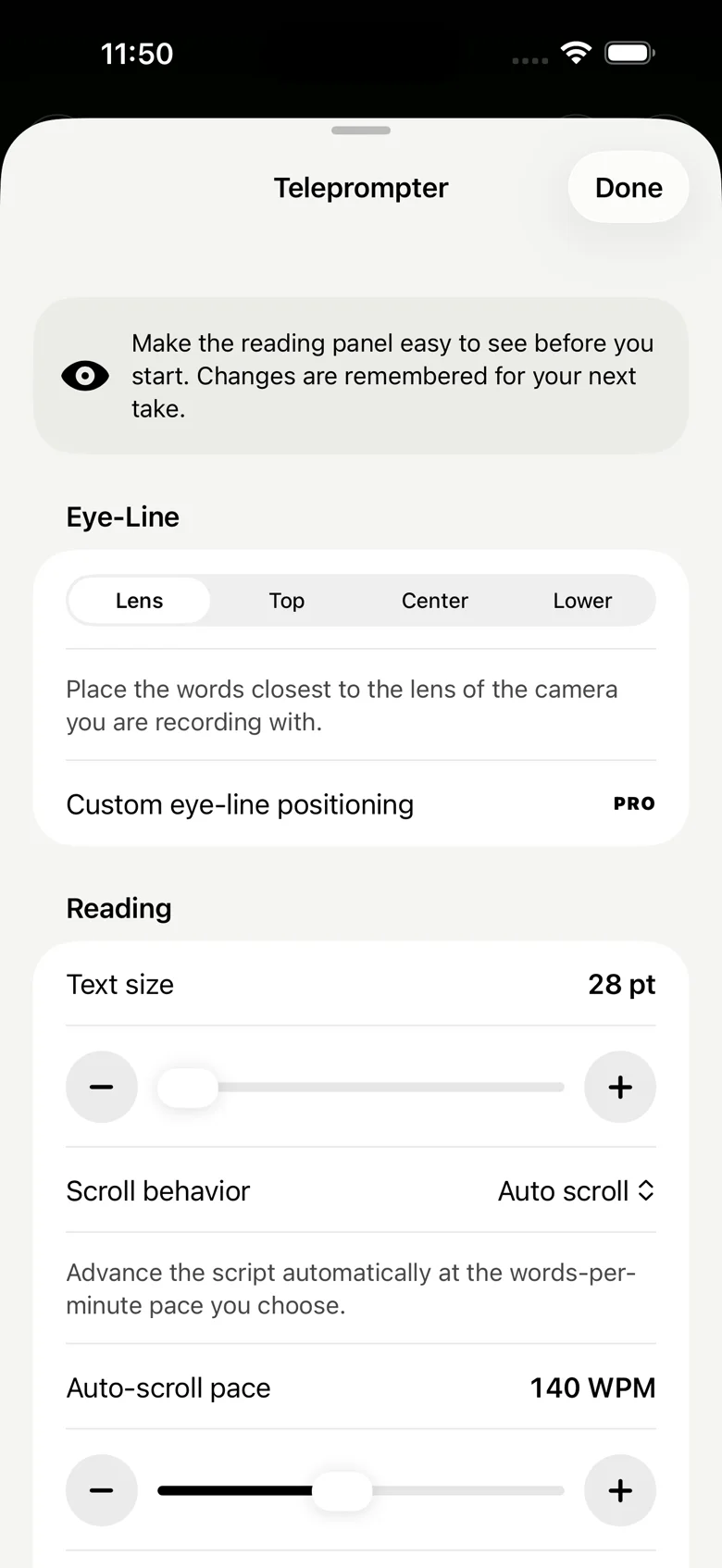 Teleprompter settings for eye-line, text size and pace