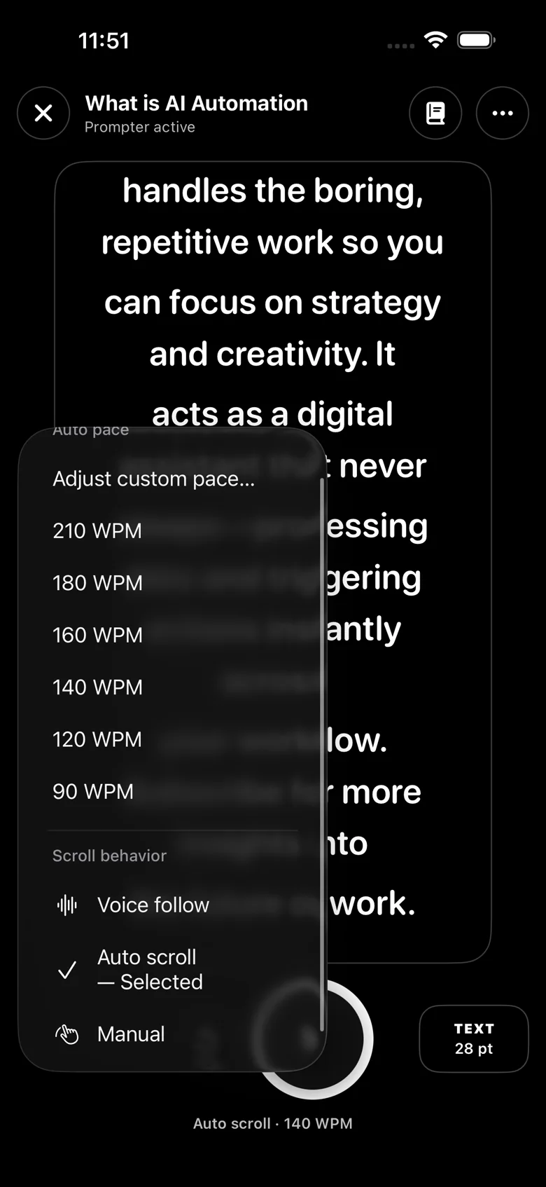 Pace menu from 90 to 210 words per minute with Voice follow, Auto scroll and Manual
