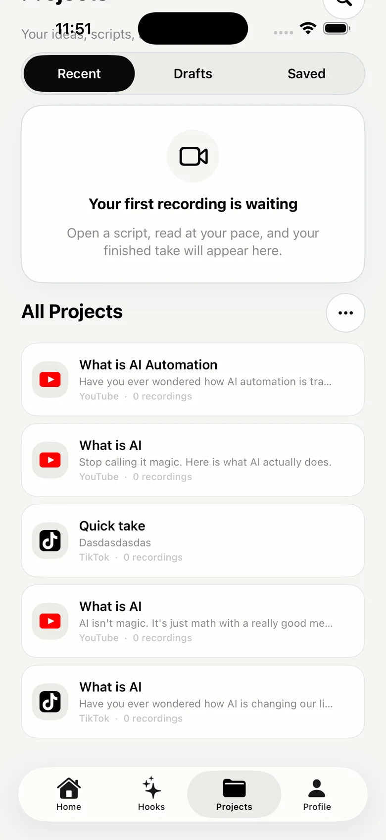 Projects empty state, your first recording is waiting